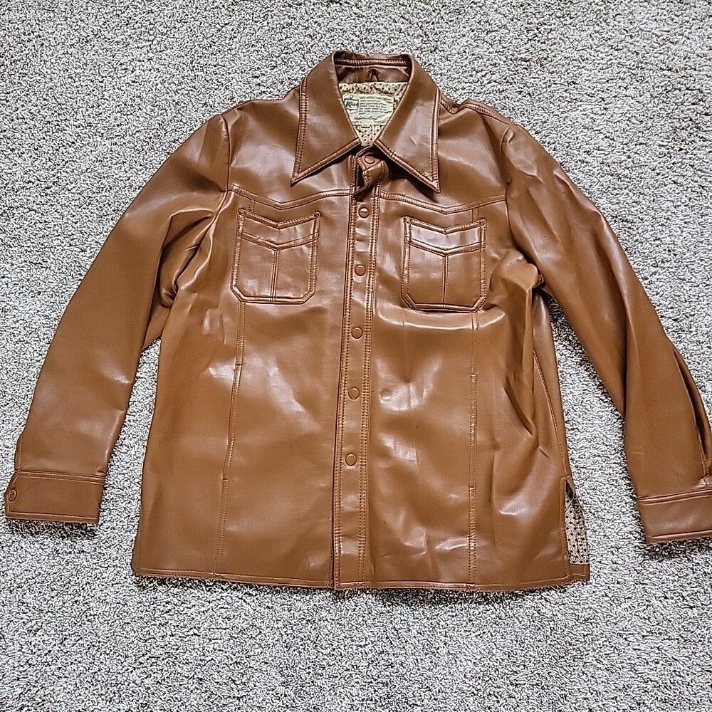 VINTAGE 70s Kmart Mens XL Brown Faux Leather Disco Leisure Jacket Retro Mod Coat